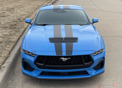 View of 2024-2025 Ford Mustang GT Racing Stripes Hood PREMIUM RALLY SOLID COLOR Vinyl Graphics 3M Decals