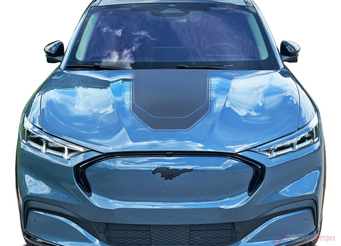 View of 2021-2025 Ford Mustang Mach-E Hood Stripes MACH SONIC SOLID Trunk and Side Rocker Rally Decals Vinyl Graphics Kit
