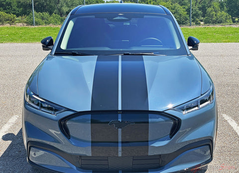View of 2021-2025 Ford Mustang Mach-E Racing Stripes Hood RALLY Stripes Vinyl Graphics 3M Decals