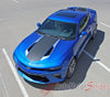 Detailed view of 2016-2028 Chevy Camaro 50th Anniversary Heritage Indy 500 Style Center Wide Hood Trunk Spoiler Rally Racing 3M Stripes Kit fits SS RS V6