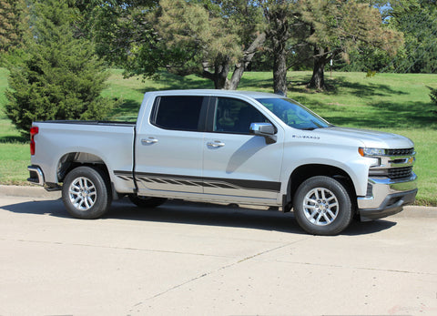 Detailed view of 2019-2025  Chevy Silverado Stripes ROCKER TWO Decals Lower Door Rocker Panel 3M Vinyl Graphics Kit