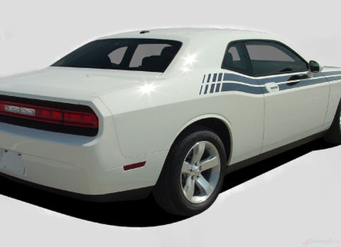 2008-2010 and Detailed view of 2011-2023 Dodge Challenger Duel Mopar Factory Style Strobe R/T Vinyl Graphics Stripes 3M Decal Kit