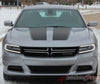 Detailed view of 2015-2023 Dodge Charger Recharge 2 Combo Hood and Door Sides Factory Style Vinyl Graphics - Front Hood View Showing Matte Black on Silver Paint