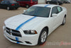 2011-2014 Dodge Charger E-Rally Mopar Style Offset Euro Rally Vinyl Graphic Racing Stripes - Front Hood View Blue Stripes on White
