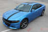 Detailed view of 2015-2023 Dodge Charger E-Rally Euro Style Vinyl Graphics Racing Stripes Kit - Wide Front View Gloss Black on Blue Paint