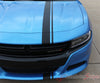 2015 2016 Dodge Charger E-Rally Euro Style Vinyl Graphics Racing Stripes Kit - Close Front View Gloss Black on Blue Paint