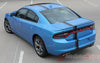 Detailed view of 2015-2023 Dodge Charger E-Rally Euro Style Vinyl Graphics Racing Stripes Kit - Wide Rear View Gloss Black on Blue Paint