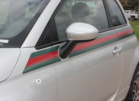 Detailed view of 2007-2020 Fiat 500 Italian Gucci Red Green Flag Upper Door Accent Stripes Vinyl Graphic Kit