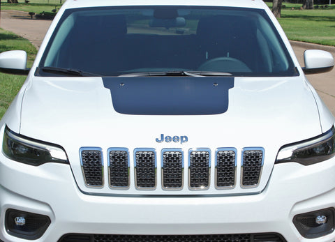 Detailed view of 2018-2025 Jeep Cherokee Trailhawk Hood Decal T-Hawk Factory OEM Style Center Blackout Vinyl Graphic Stripes