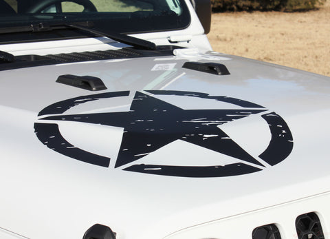 Detailed view of 2021-2025 Jeep Gladiator Legend Hood Star Decal OEM Factory Style Hood Blackout Vinyl Graphic Stripes