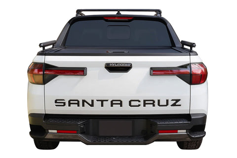 Back view of a white Hyundai Santa Cruz pickup truck on a white background. Hyundai Santa Cruz TAILGATE LETTERS Decals Name Text Vinyl Graphics Kit fits 2022-2026