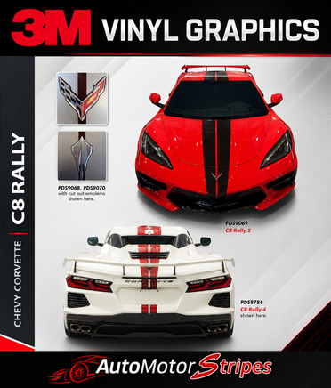 Promotional image of 3M vinyl graphics for Chevy Corvette C8 Rally with car designs on a gray background.