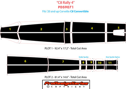 Diagram of car wrap design for a Corvette C8 Convertible with labeled sections and dimensions.
