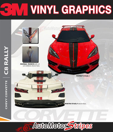 Promotional image of 3M vinyl graphics for Chevy Corvette C8 Rally with car designs on a gray background.