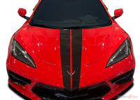 Red Chevy Corvette C8 with a black racing stripe on a white background