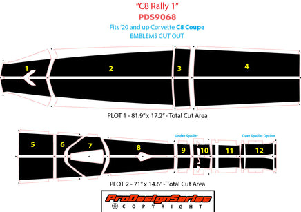 Decal sheet layout for a Corvette C8 Coupe with cut area dimensions.
