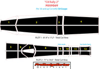 Diagram of a car wrap design for a Corvette C8 Coupe with labeled sections and dimensions.