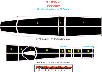 Diagram of a car wrap design for a Corvette C8 Coupe with labeled sections and dimensions.