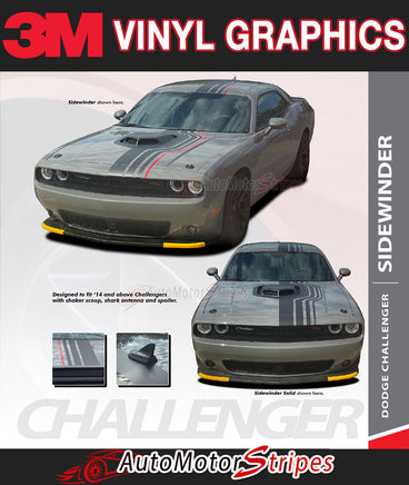 View of 2015-2023 Dodge Challenger SIDEWINDER Offset Racing Stripes for Shaker Style Hood Vinyl Graphic Roof Trunk Decals 3M Decals