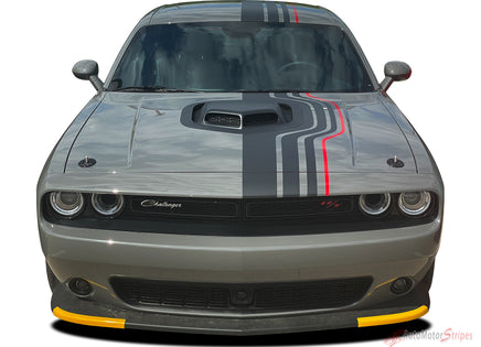 View of 2015-2023 Dodge Challenger SIDEWINDER Offset Racing Stripes for Shaker Style Hood Vinyl Graphic Roof Trunk Decals 3M Decals