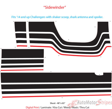 View of 2015-2023 Dodge Challenger SIDEWINDER Offset Racing Stripes for Shaker Style Hood Vinyl Graphic Roof Trunk Decals 3M Decals