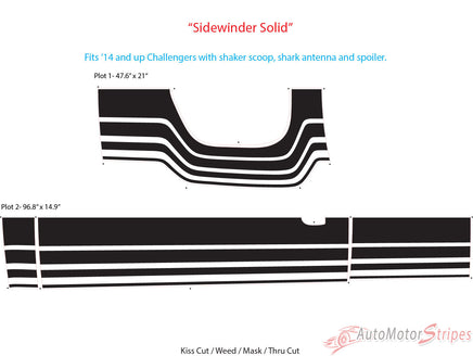 View of 2015-2023 Dodge Challenger SIDEWINDER Offset Racing Stripes for Shaker Style Hood Vinyl Graphic Roof Trunk Decals 3M Decals