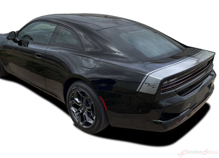 Black Dodge Charger on a white background. 2024-2026 Dodge Charger Tailband 24 Daytona Hemi R/T Scat Pack Vinyl Decklid Trunk Rally Stripes 3M Graphic Decal Mopar Style Kit