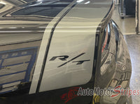 Car tail area with 'RT' logo and 'AutoMotorStripes' branding in a showroom setting. 2024-2026 Dodge Charger Tailband 24 Daytona Hemi R/T Scat Pack Vinyl Decklid Trunk Rally Stripes 3M Graphic Decal Mopar Style Kit