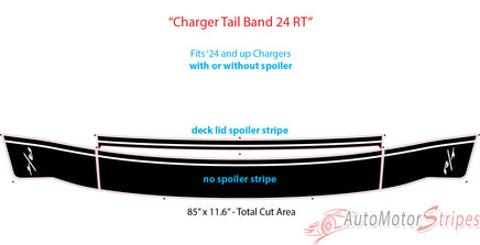 Diagram of a 'Charger Tail Band 24 RT' car decal with text and branding.