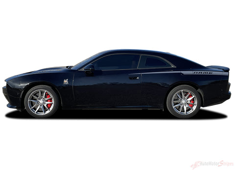 Black Dodge Charger with stripes on a white background. 2024-2026 Dodge Charger Recharge QP 24 Quarter Panels Factory Quality Mopar Vinyl Graphics 3M
