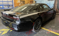 Black Dodge Charger with custom stripes in a garage setting, featuring 'AutoMotorStripes' branding. 2024-2026 Dodge Charger Recharge QP 24 Quarter Panels Factory Quality Mopar Vinyl Graphics 3M