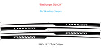 Black and white 'Charger' decal strips with text on a white background