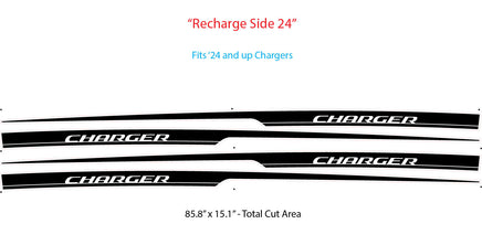 Black and white 'Charger' decal strips with text on a white background