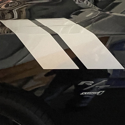 White racing stripes on a black Dodge Charger, 2024-2026 Dodge Charger Double Bar 24 Stripes Hood Hash Marks Mopar Vinyl Graphics 3M Decals