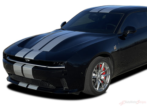 Black Dodge Charger with silver stripes on a white background. 2024-2026 Dodge Charger Racing Stripes N-Charge Rally 24 R/T Scat Pack Daytona Factory Quality Mopar Style Vinyl Graphic Kit 3M