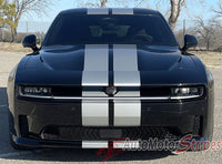 Black Dodge Charger with white racing stripes on a road, featuring 'AutoMotorStripes' branding. 2024-2026 Dodge Charger Racing Stripes N-Charge Rally 24 R/T Scat Pack Daytona Factory Quality Mopar Style Vinyl Graphic Kit 3M