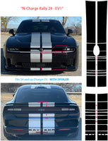 Black and white racing stripes with red accents on a car, with additional stripe designs displayed.