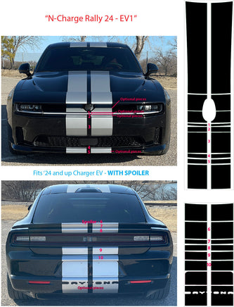 Black and white racing stripes with red accents on a car, with additional stripe designs displayed.