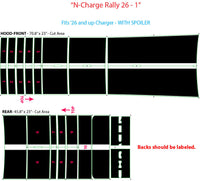 Technical diagram of a car wrap design for 'N-Charge Rally 26 - 1' with measurements and cut areas.