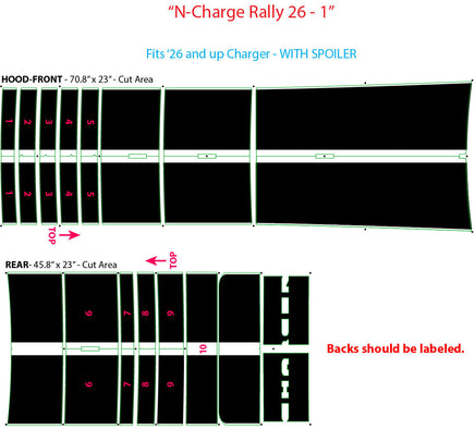Technical diagram of a car wrap design for 'N-Charge Rally 26 - 1' with measurements and cut areas.