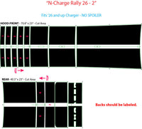 Diagram of a car wrap design for 'N-Charge Rally 26 - 2' on a black background with measurements and labels.