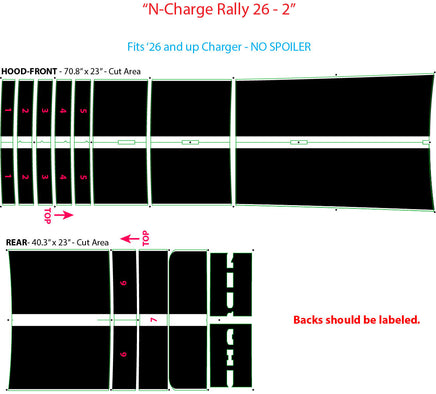 Diagram of a car wrap design for 'N-Charge Rally 26 - 2' on a black background with measurements and labels.