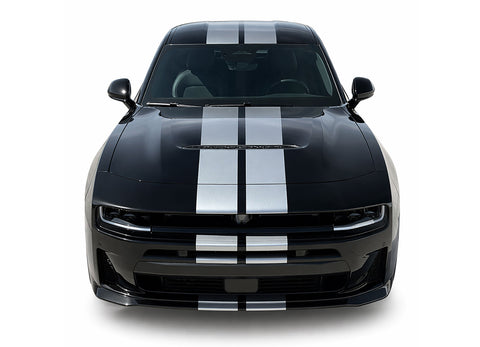 Black 2026 Dodge Charger Sixpack car with white stripes on a white background