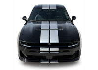 Black 2026 Dodge Charger Sixpack car with white stripes on a white background