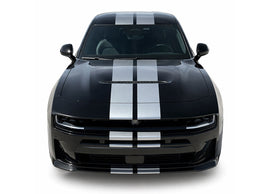 Black 2026 Dodge Charger Sixpack car with white stripes on a white background