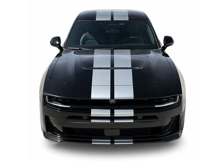 Black 2026 Dodge Charger Sixpack car with white stripes on a white background