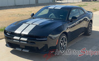 Black 2026 Dodge Charger Sixpack with white stripes on a driveway, featuring 'AutoMotorStripes' branding.