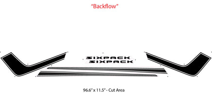 Black vinyl wrap design for 2026 Dodge Charger labeled 'Sixpack' with text 'Backflow' and dimensions on a white background.