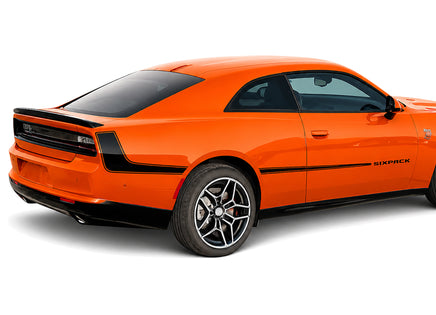 Orange 2026 Dodge Charger muscle car with 'Six Pack' vinyl graphics branding on a white background