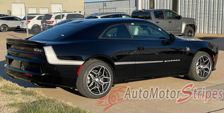 Black 2026 Dodge Charger muscle car with 'Sixpack' stripes and decals on a street background